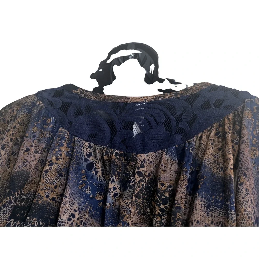 Xhilaration Navy Blue Tan Lace Print Boho Mini Dress Flutter Sleeve Sz M C10